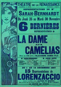 Plakat für La Dame aux Camelias von Alexandre Dumas und Lorenzaccio von Alfred de Musset, mit Sarah Bernhardt, Theatre du Renaissance, Paris, 1897